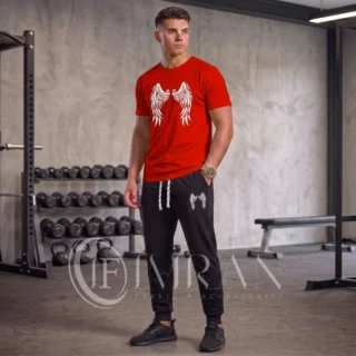 Men’s Angle Wings Series tracksuit featuring a crimson red graphic tee with a white luxury crest and matching black joggers -1