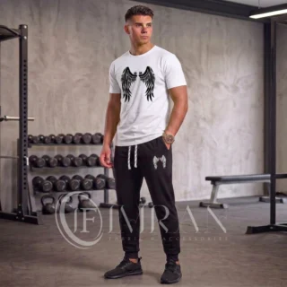 Men’s Angle Wings Series tracksuit featuring a arctic white graphic tee with a black luxury crest and matching black joggers -1
