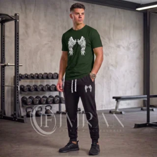 Men’s Angle Wings Series tracksuit featuring a hunter green graphic tee with a white luxury crest and matching black joggers -1