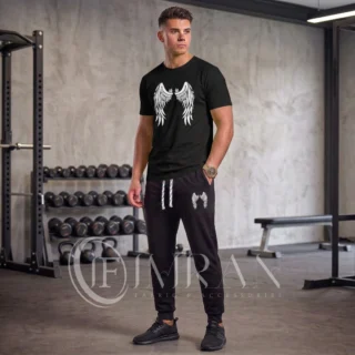 Men’s Angle Wings Series tracksuit featuring a midnight black graphic tee with a white luxury crest and matching black joggers -1