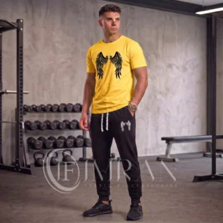 Men’s Angle Wings Series tracksuit featuring a Sun-Kissed Gold graphic tee with a black luxury crest and matching black joggers -1