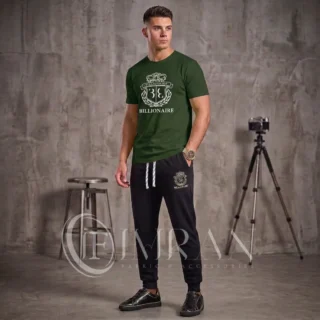 Men's luxury Billionaire tracksuit in Hunter Green featuring a white-printed crest and slim-fit black trousers -1
