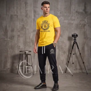 Men’s Billionaire Crest Edition tracksuit featuring a Sun-Kissed Gold graphic tee with a black luxury crest and matching black joggers -1