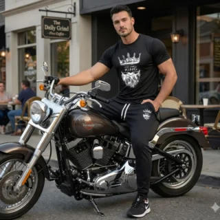 A male fashion model, for 'IF Imran Fabric ,' is shown posing on a vintage motorcycle parked on a city street outside a cafe with 'Daily Grind' signage. He is wearing the midnight black t-shirt and black joggers set featuring the white crown and 'Live Like a King" text and Beard graphic.