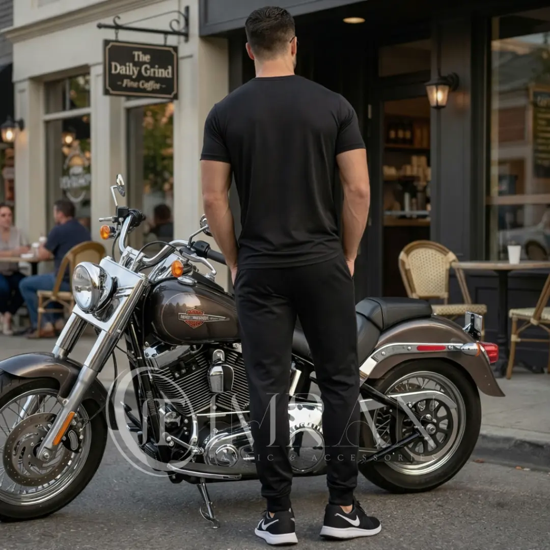 A male fashion model, for 'IF Imran Fabric ,' is shown posing on a vintage motorcycle parked on a city street outside a cafe with 'Daily Grind' signage. He is wearing the midnight black t-shirt and black joggers set featuring the white crown and 'Live Like a King" text and Beard graphic.
