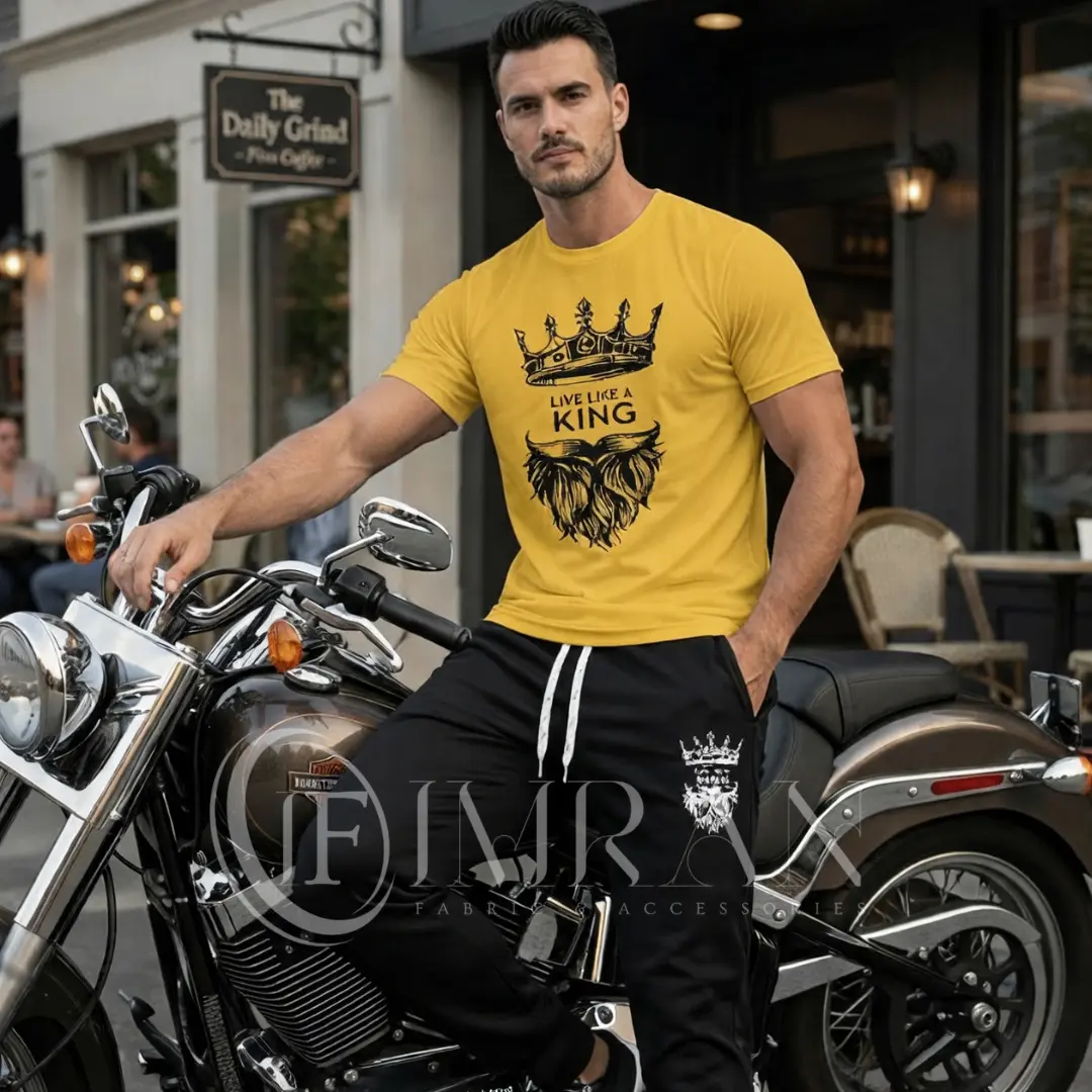 A male fashion model, for 'IF Imran Fabric ,' is shown posing on a vintage motorcycle parked on a city street outside a cafe with 'Daily Grind' signage. He is wearing the sun-kissed Gold t-shirt and black joggers set featuring the white crown and 'Live Like a King" text and Beard graphic.