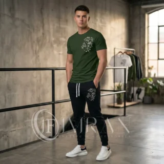 Imran Fabric Roaring King Premium Tracksuit - Green and Black lion print streetwear set for men.