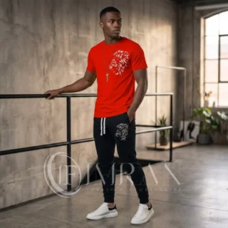 Imran Fabric Roaring King Premium Tracksuit - Red and Black lion print streetwear set for men.