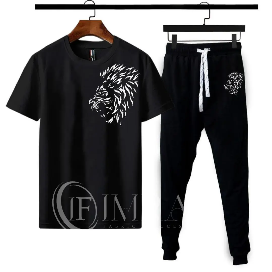 Imran Fabric Roaring King Premium Tracksuit - Black and white lion print streetwear set for men.