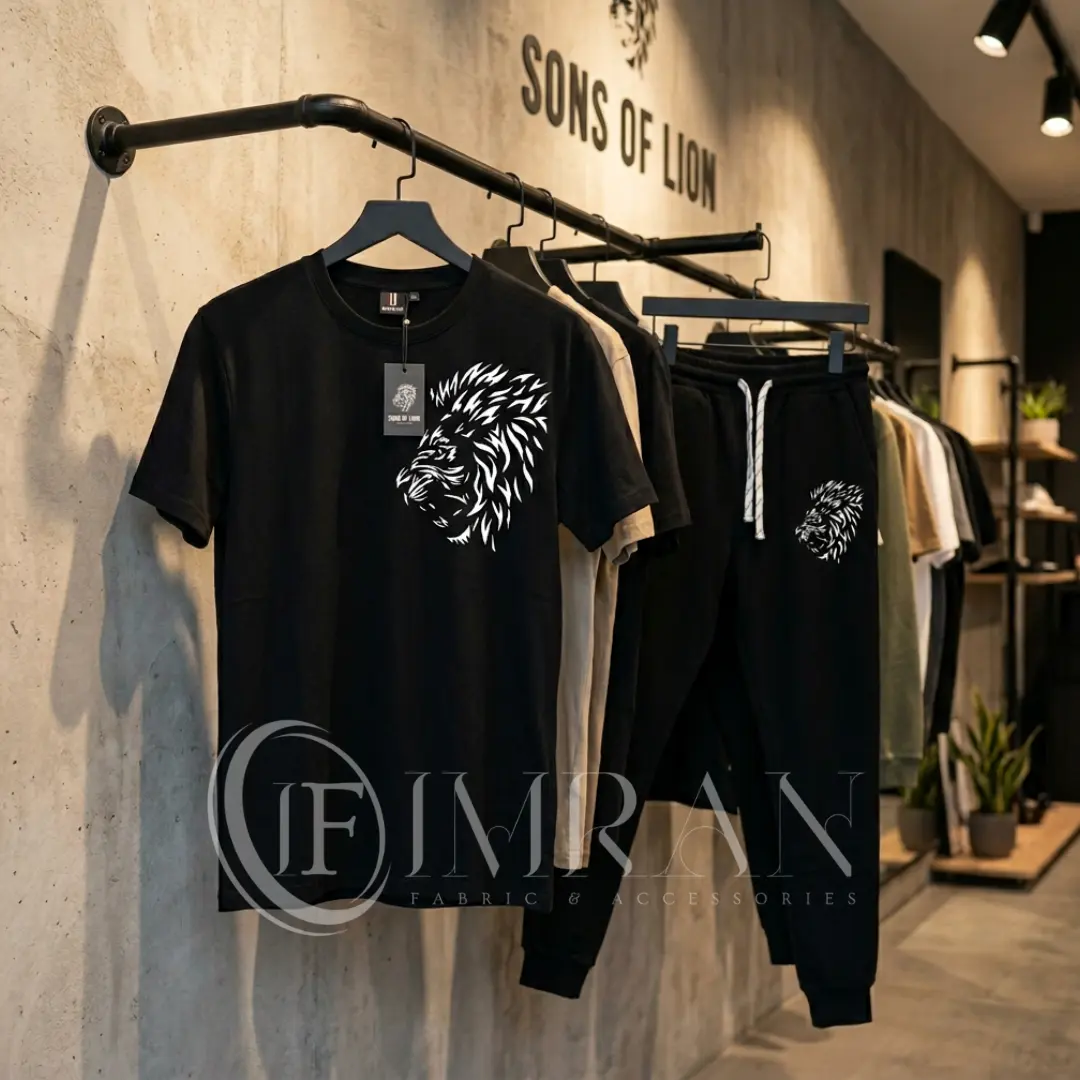 Imran Fabric Roaring King Premium Tracksuit - Black and white lion print streetwear set for men.