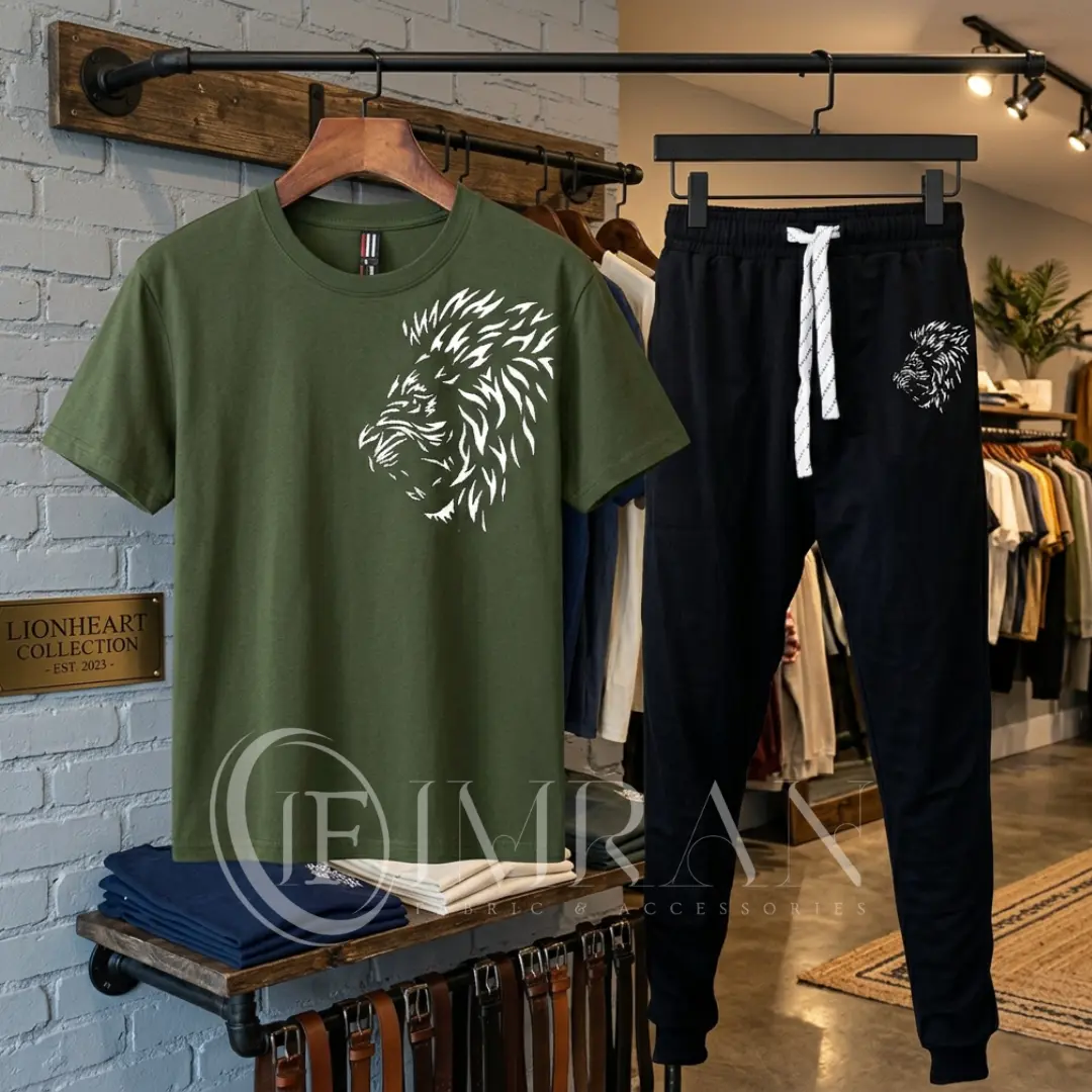 Imran Fabric Roaring King Premium Tracksuit - Green and Black lion print streetwear set for men.