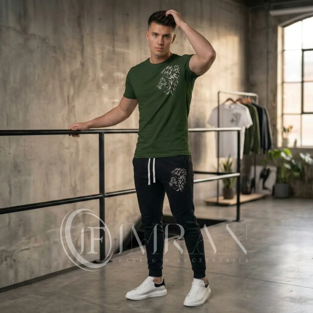 Imran Fabric Roaring King Premium Tracksuit - Green and Black lion print streetwear set for men.