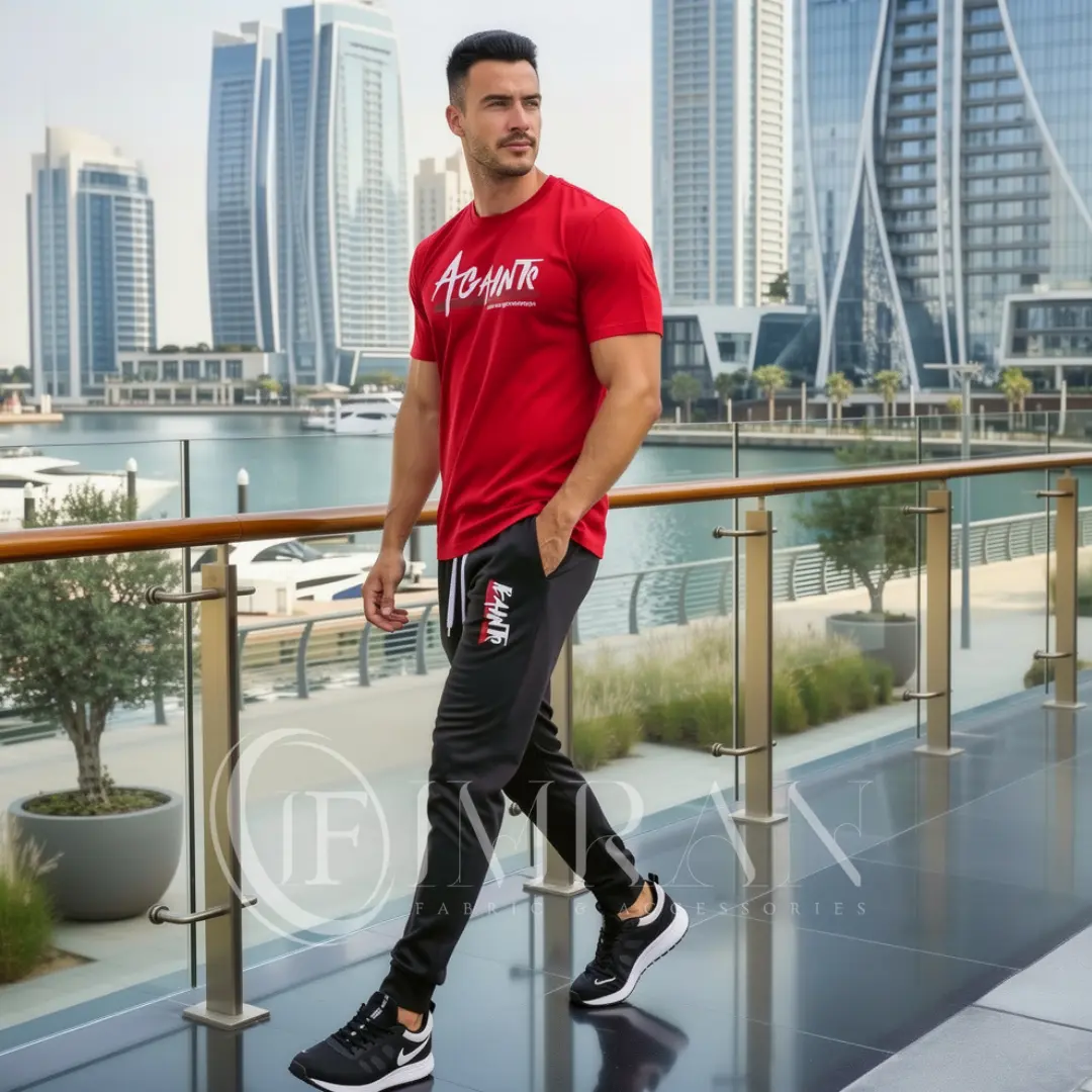 Model wearing Full 2-piece AGAINTS Urban Series Tracksuit for men`s featuring a Crimson "AGAINTS" graphic t-shirt and onyx black joggers on th roof top of skyline buliding