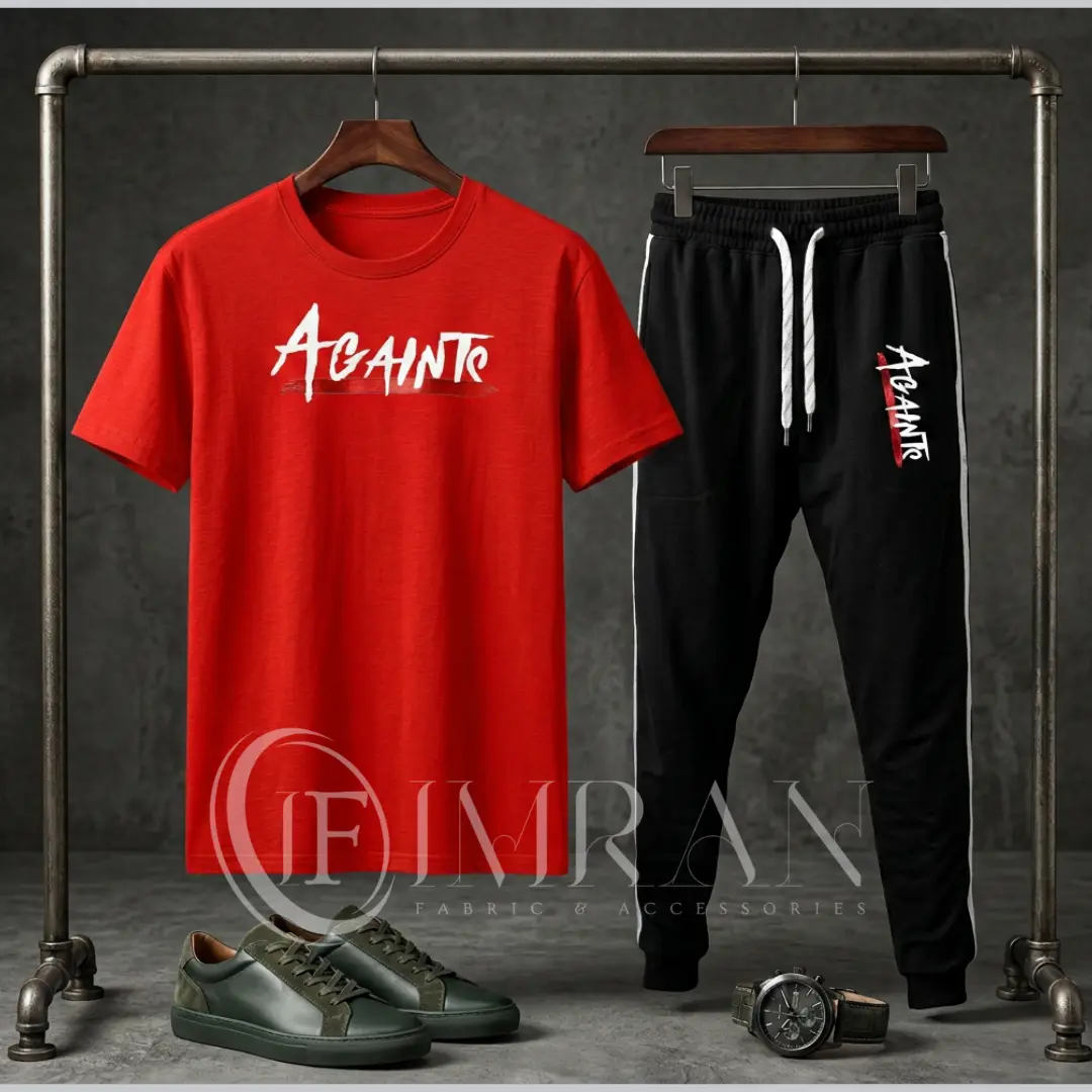 Full 2-piece men's tracksuit featuring a Crimson Red"AGAINTS" graphic t-shirt and onyx black joggers hanging on an industrial clothing rack